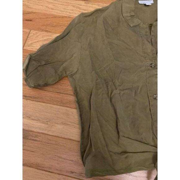 Topshop Women's Olive Green cropped Button-Up Tie-Front collared Shirt Size US 6 - Picture 3 of 8